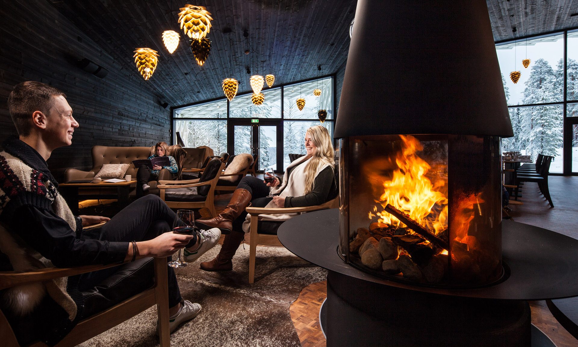 Arctic TreeHouse Hotel Lounge fireplace