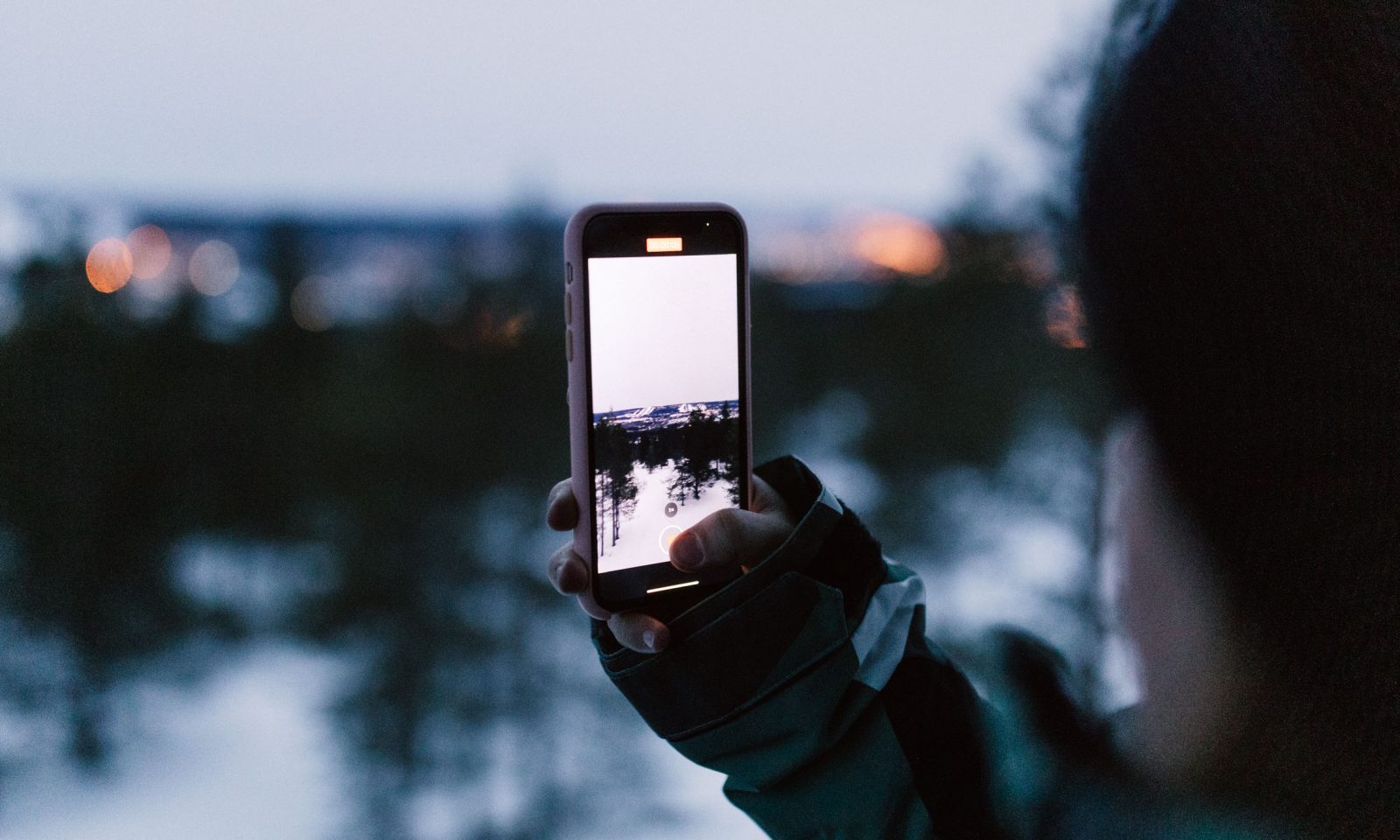 Wintery scenery in Rovaniemi Lapland through cell phone