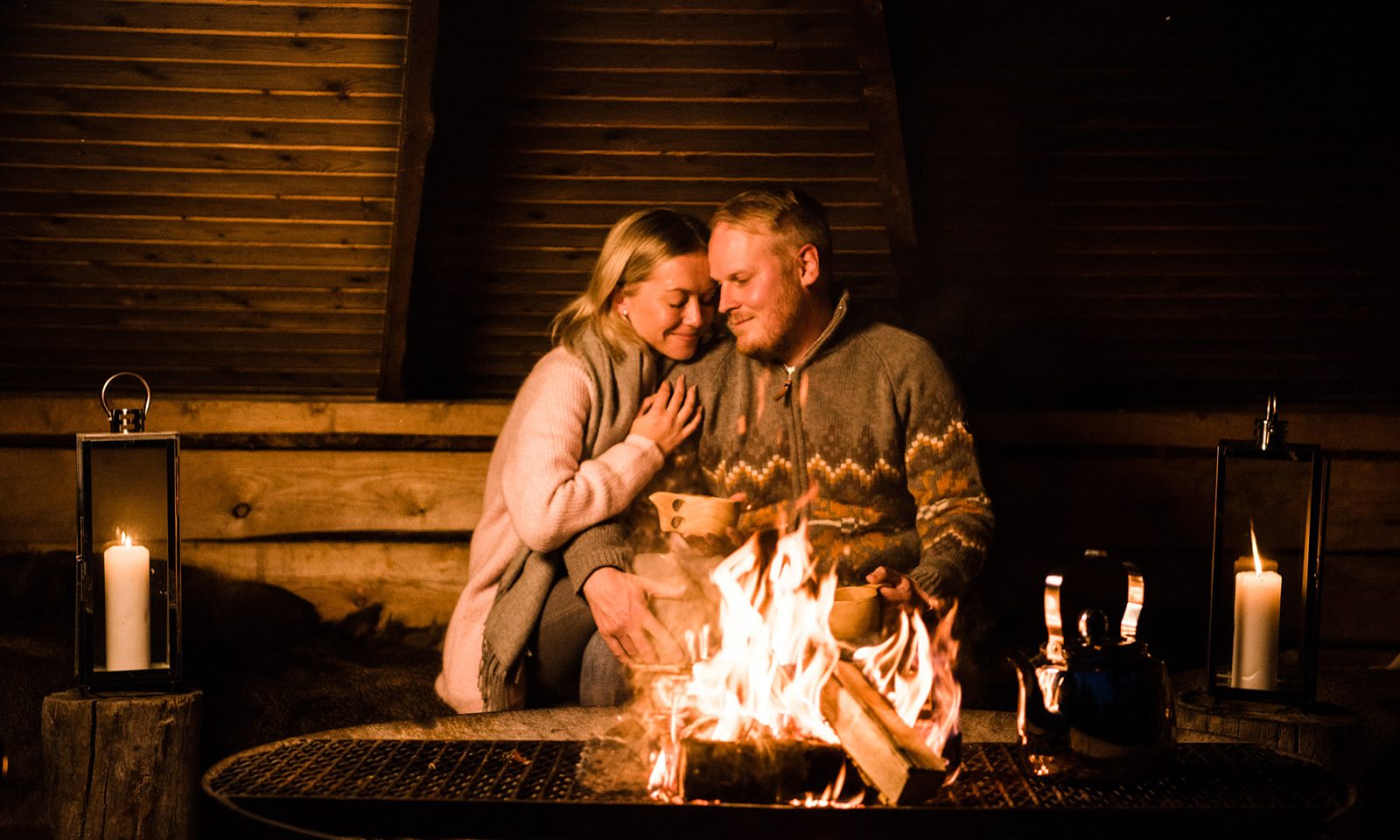Romantic moment in Lapland, in luxury Arctic TreeHouse Hotel, Rovaniemi.